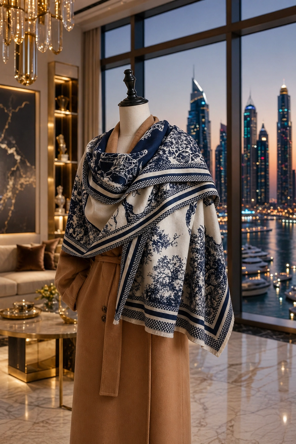 Elegant Navy & Cream Jacquard Shawl